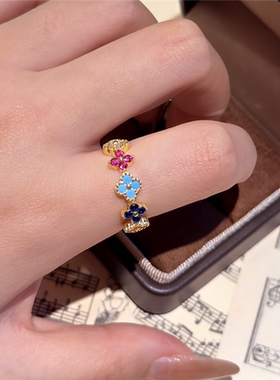 复古彩宝莫奈花园四叶草戒指女