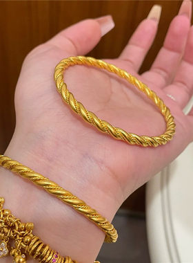 古法沙金扭纹麻花手镯女中古风999金色时尚闭口素圈手饰百搭手环
