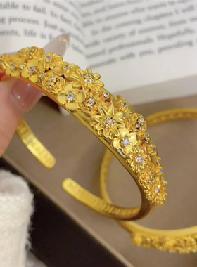 古法沙金点钻繁花似锦手镯女