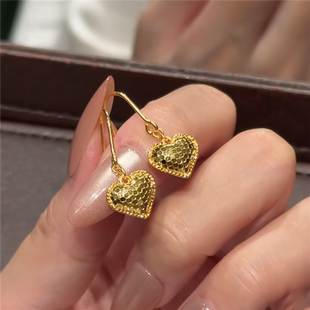 古法沙金超闪鱼鳞碎碎冰爱心耳环女仿黄金色心形耳坠耳饰送礼女友