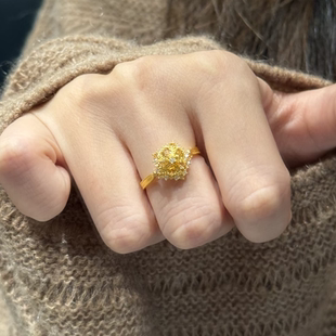 小克重素圈爆闪橙光黄水晶戒指女活口可调节999黄金色满镶钻指环