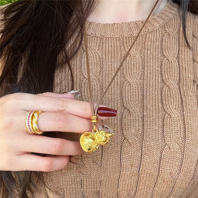 沙金镂空花丝爬藤葫芦吊坠项链女999仿黄金福禄双全编织绳毛衣链