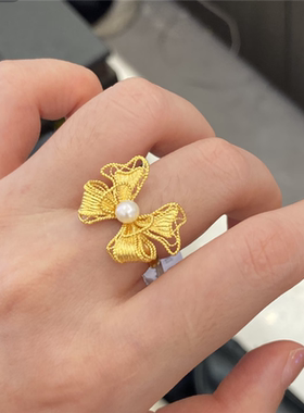 蕾丝珍珠蝴蝶结戒指女仿真黄金
