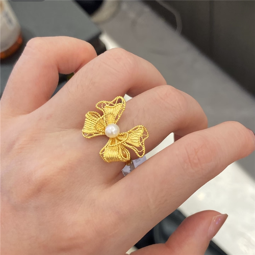 蕾丝珍珠蝴蝶结戒指女仿真黄金