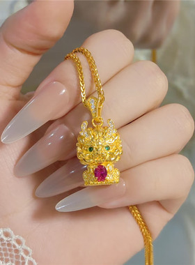 强保色麒麟献瑞吊坠项链女999黄金色招财进宝瑞兽镶钻挂坠锁骨链