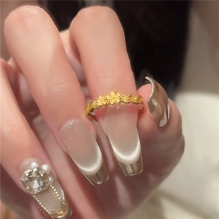 古法999黄金色小克重雕刻桂花戒指女活口可调节指间生花食指戒子