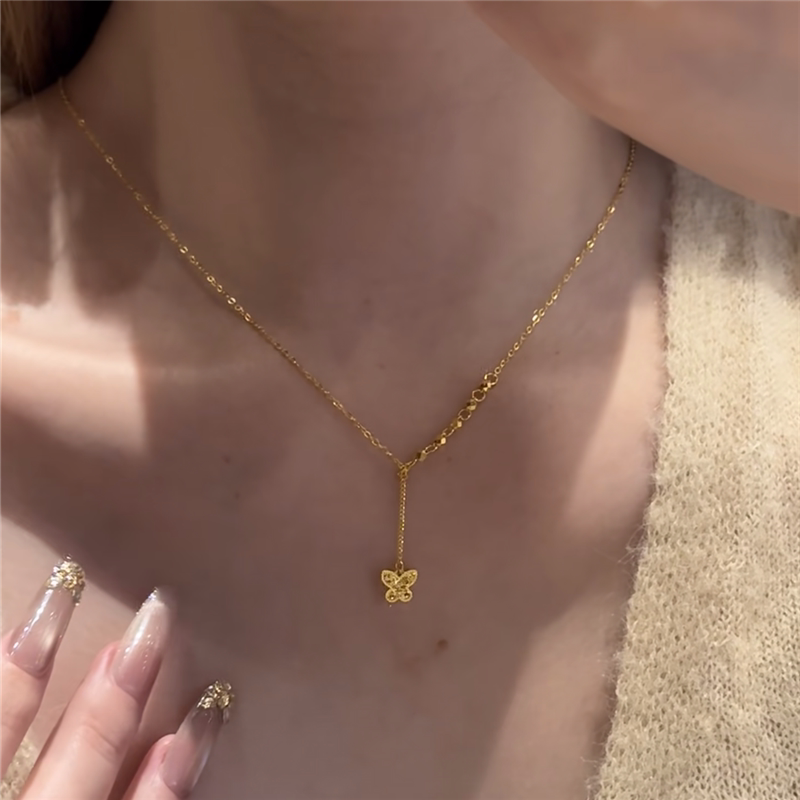 钛钢不掉色~超闪蹦迪珠碎碎冰蝴蝶流苏项链女仿黄金色气质锁骨链