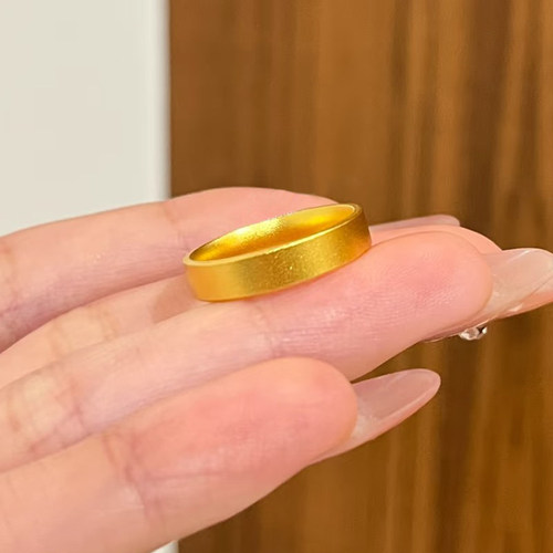 999黄金色实心古法素圈平面戒指情侣对戒男女款哑光磨砂板戒指环