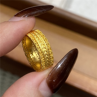 仿黄金色大气来财腰缠万贯戒指男女铜钱纹麦穗花丝编织宽版食指戒