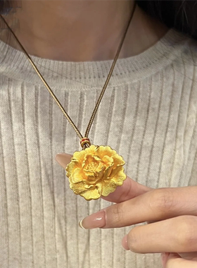 人间四月立体牡丹花吊坠女项链黄金色国色天香富贵花朵编织毛衣链