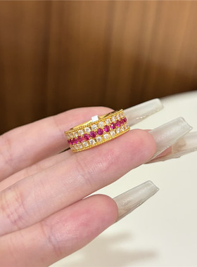 老铺同款沙金满圈点钻红宝石戒指