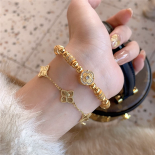 金店同款古法沙金镶嵌点钻人生四美金珠手链跑跑环转运珠招财手串