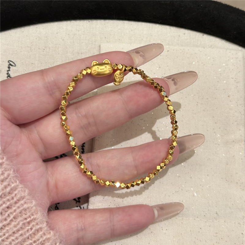 活泼少女心小猫咪小鱼碎金珠手串女黄金色闪耀蹦迪珠招财猫手链