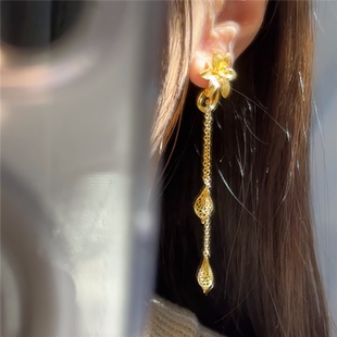 24k黄金色百合花流苏耳坠耳环女新中式结婚三金高级耳线百搭耳饰