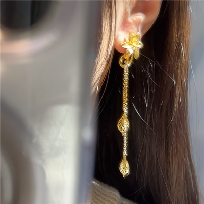 24k黄金色百合花流苏耳坠耳环女新中式结婚三金高级耳线百搭耳饰