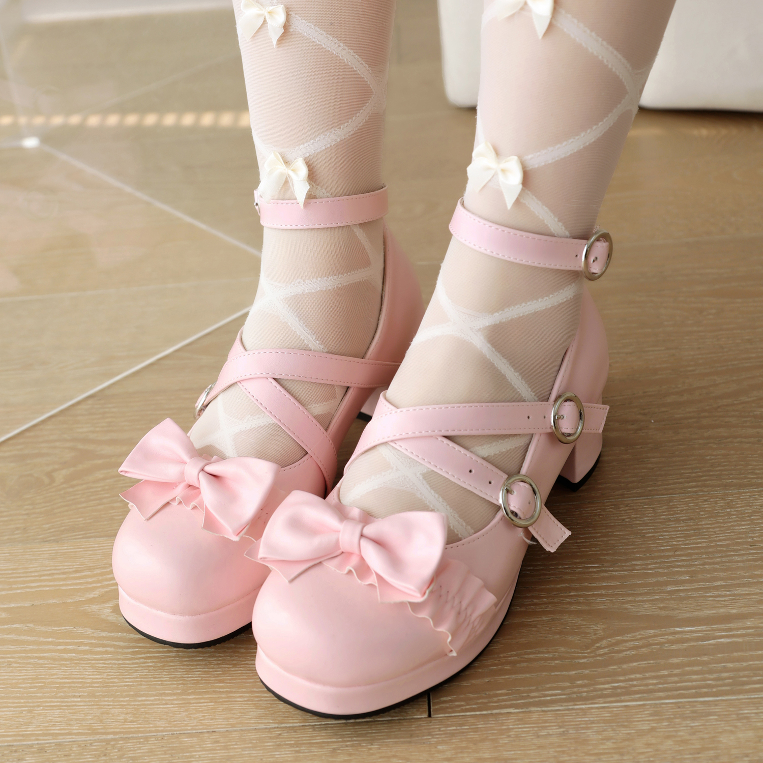 洛丽塔鞋女伪娘cos大码434547蝴蝶结圆头单鞋中跟浅口一字带lo鞋