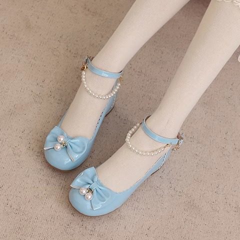 甜美洛丽塔风女鞋大码4043粉色漆皮低跟一字带单鞋串珠女鞋lo学生