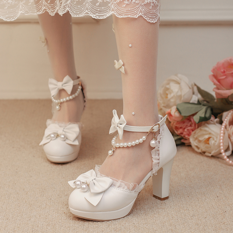 洛丽塔高跟鞋女夏季防水台中空凉鞋蝴蝶结串珠公主鞋粗跟大码鞋48