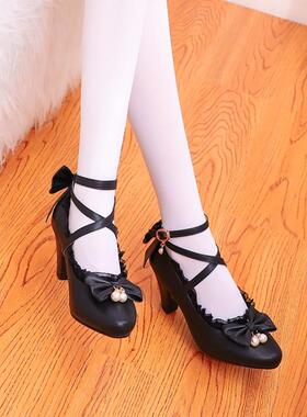 洛丽塔高跟交叉带甜美蝴蝶结春秋小皮鞋JK制服鞋茶会鞋仙女鞋大码