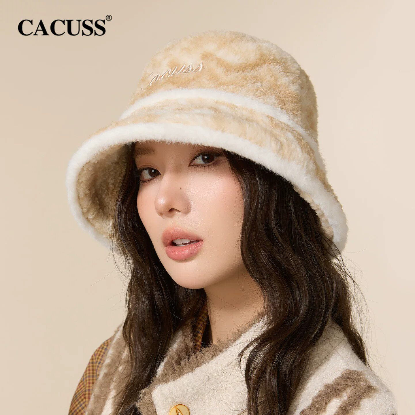 CACUSS毛绒加厚渔夫帽女保暖扎染盆帽秋冬大头户外帽子刺绣水桶帽
