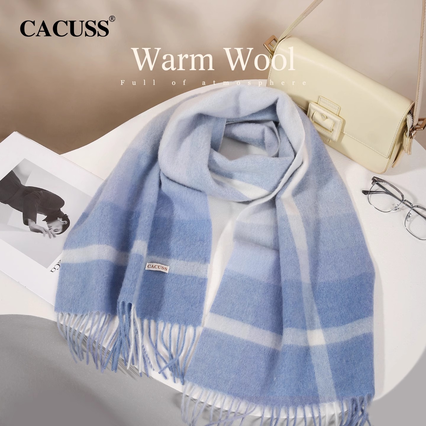 时尚保暖纯羊毛格纹流苏围巾