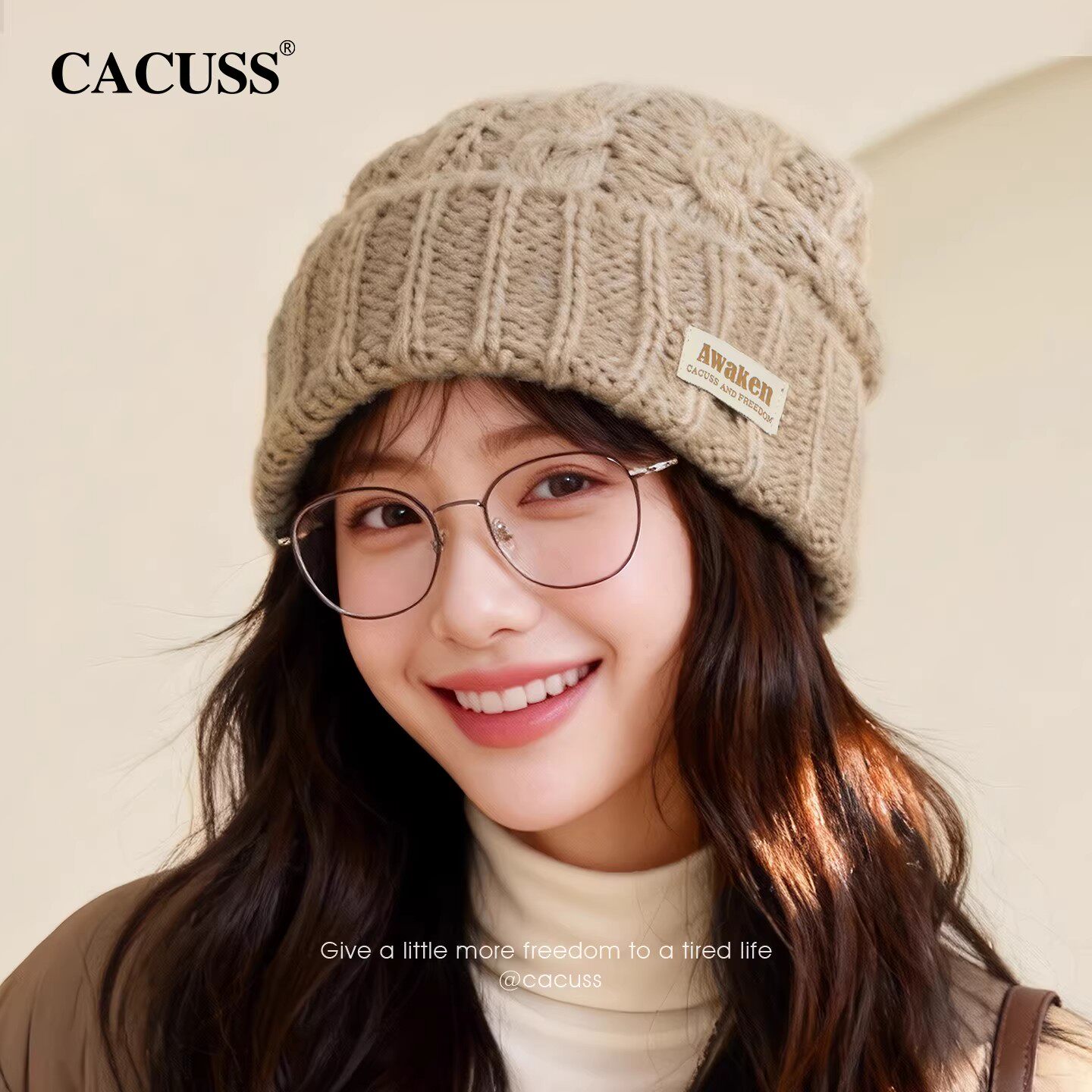 CACUSS帽子女冬新款粗线麻花针织帽保暖防寒护耳毛线帽时尚堆堆帽