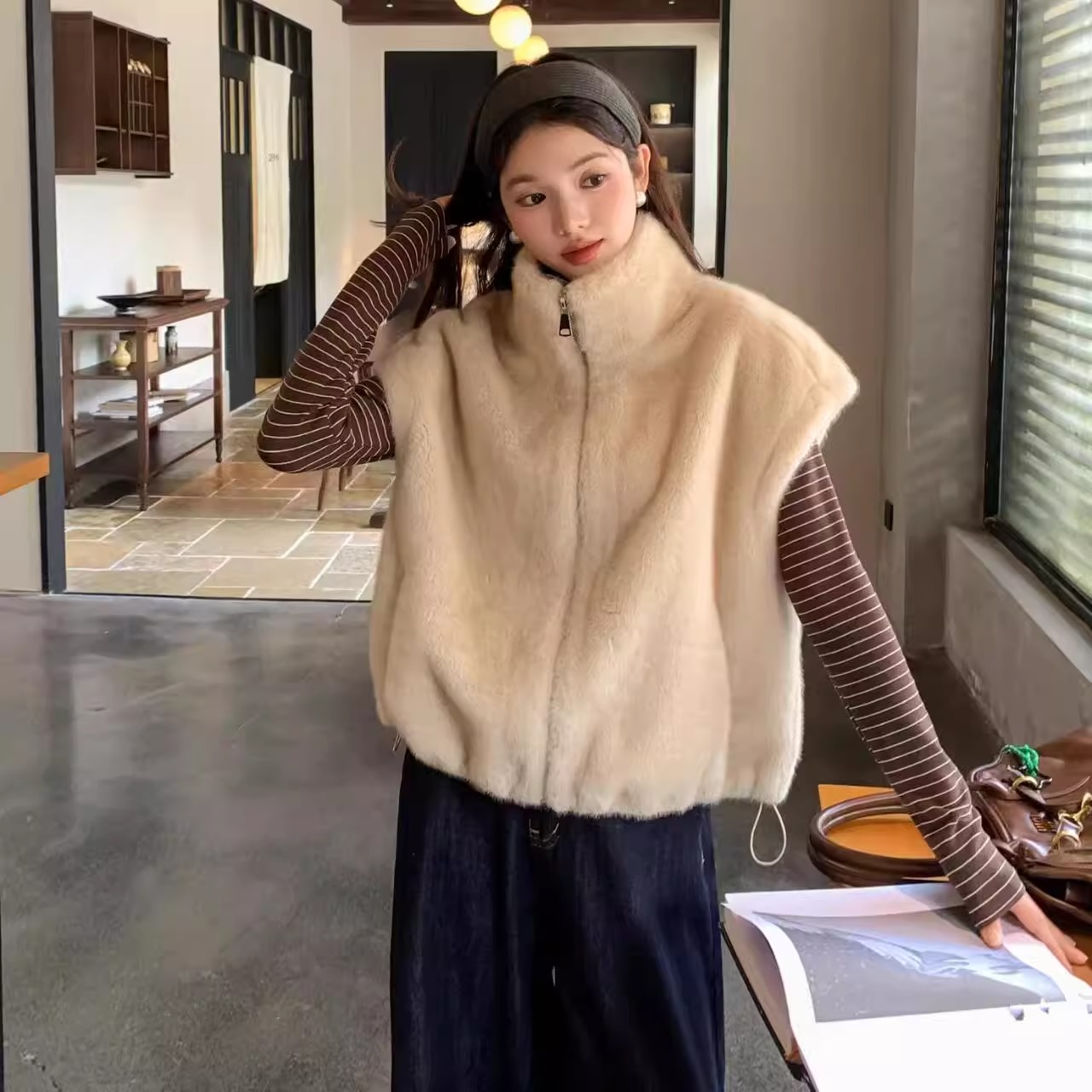 环保水貂皮草马甲女皮毛一体马夹