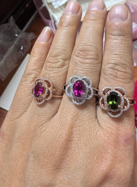 天然碧玺925银镀金戒指红色绿色碧玺戒指复古时尚水晶大颗粒碧玺