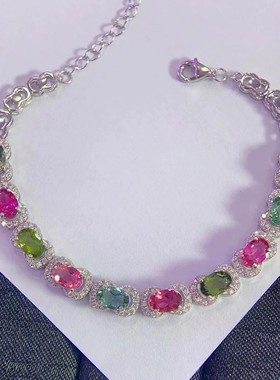 超美的七彩碧玺手链清爽糖果色火彩非常棒S925银镀金精工镶嵌