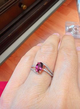 925银镀玫瑰金镶嵌天然碧玺戒指女款时尚百搭指环群镶红宝石戒指