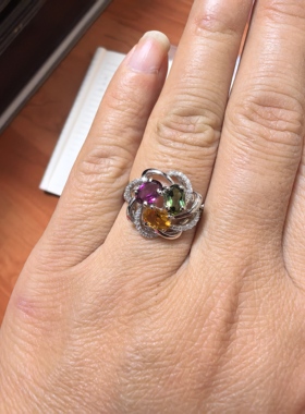 925银镀白金镶嵌天然碧玺戒指紫碧玺黄碧玺绿碧玺戒指