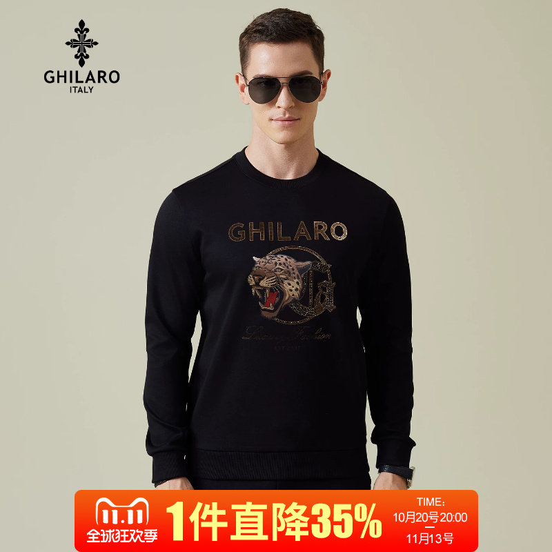 GHILARO/吉那诺男士休闲烫钻动物LOGO字母大图案时尚圆领卫衣6002