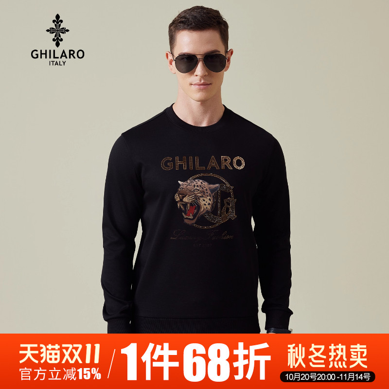 GHILARO/吉那诺男士休闲烫钻动物LOGO字母大图案时尚圆领卫衣6002