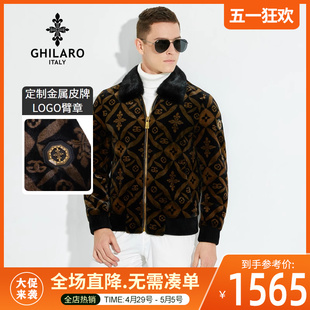 休闲水貂毛领金属皮牌臂章夹克3149 古劳吉那诺男时尚 GHILARO