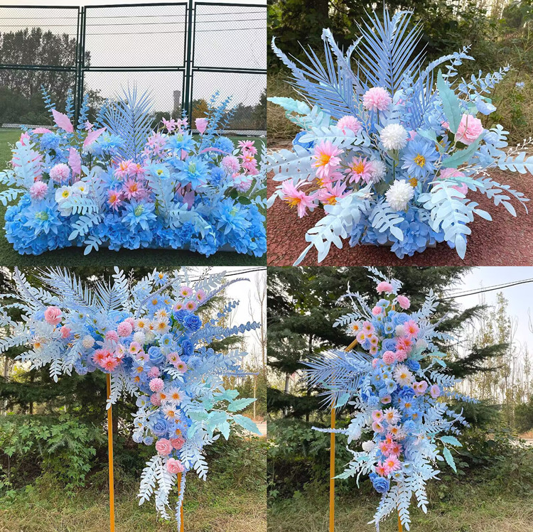 新款婚礼舞台装饰铁树叶尤加利地排花婚庆T台蓝色红色路引排花酒