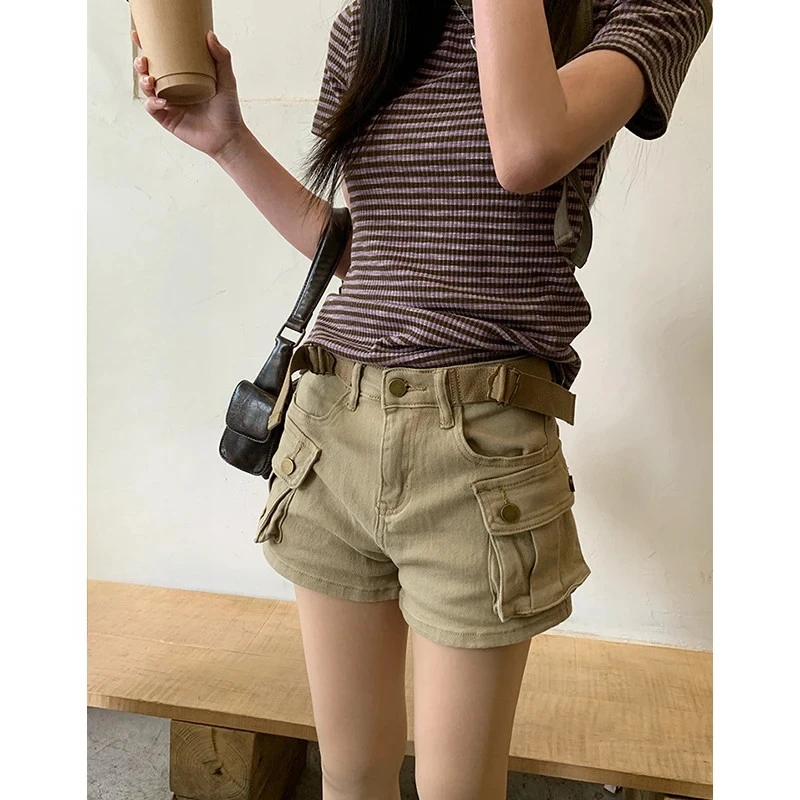 美式个性辣妹卡其色工装牛仔短裤女夏小个子潮酷外穿高腰显瘦热裤