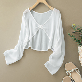 女披肩空调衫 开衫 防晒坎肩配吊带裙外搭 白色真丝桑蚕丝长袖 夏季