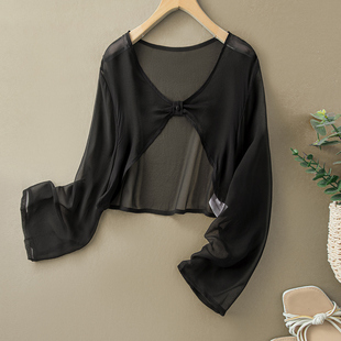 防晒坎肩外搭配吊带裙小衫 夏季 披肩女真丝空调开衫 黑色桑蚕丝长袖