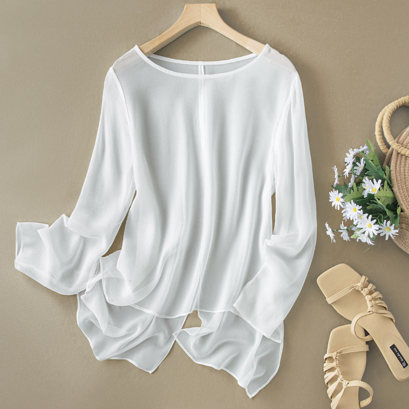 2026新款女士宽松桑蚕丝长袖罩衫夏季真丝透气空调衫防晒衬衫白色