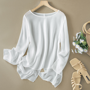 女士宽松桑蚕丝长袖 防晒衬衫 罩衫 真丝透气空调衫 白色 夏季 2026新款