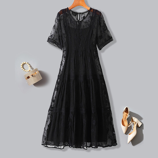 真丝连衣裙高级感小个子2025夏季法式重磅刺绣宽松显瘦中长裙黑色