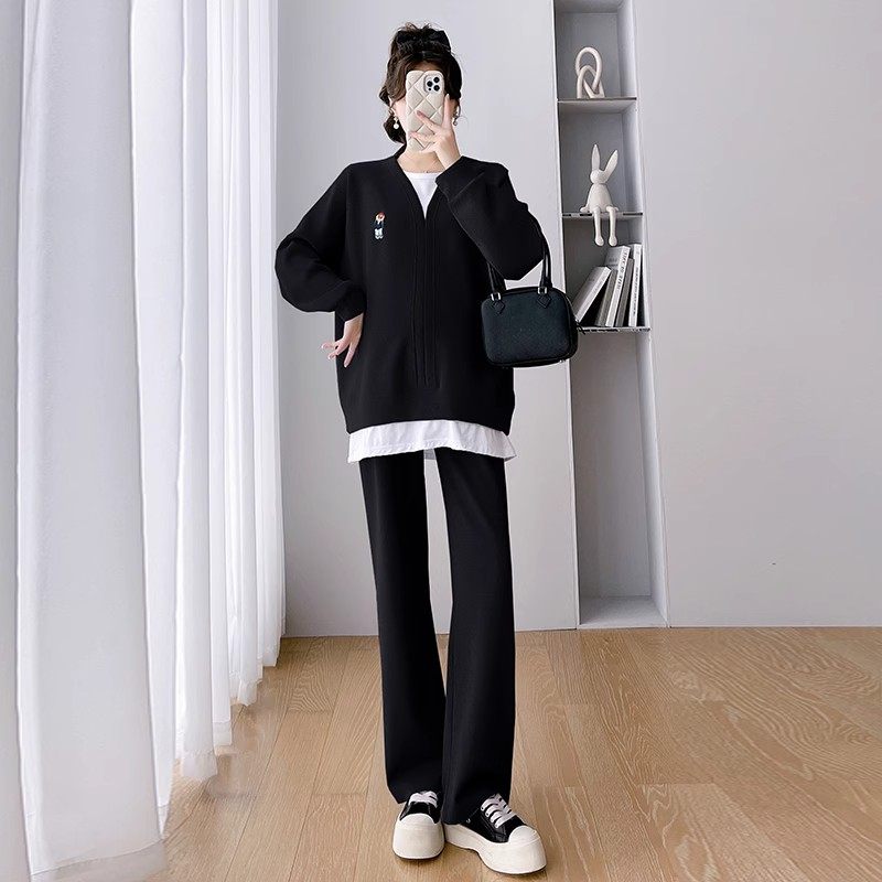 孕妇套装春装百搭新款V领卫衣休闲托腹裤两件套宽松遮肚子秋冬季