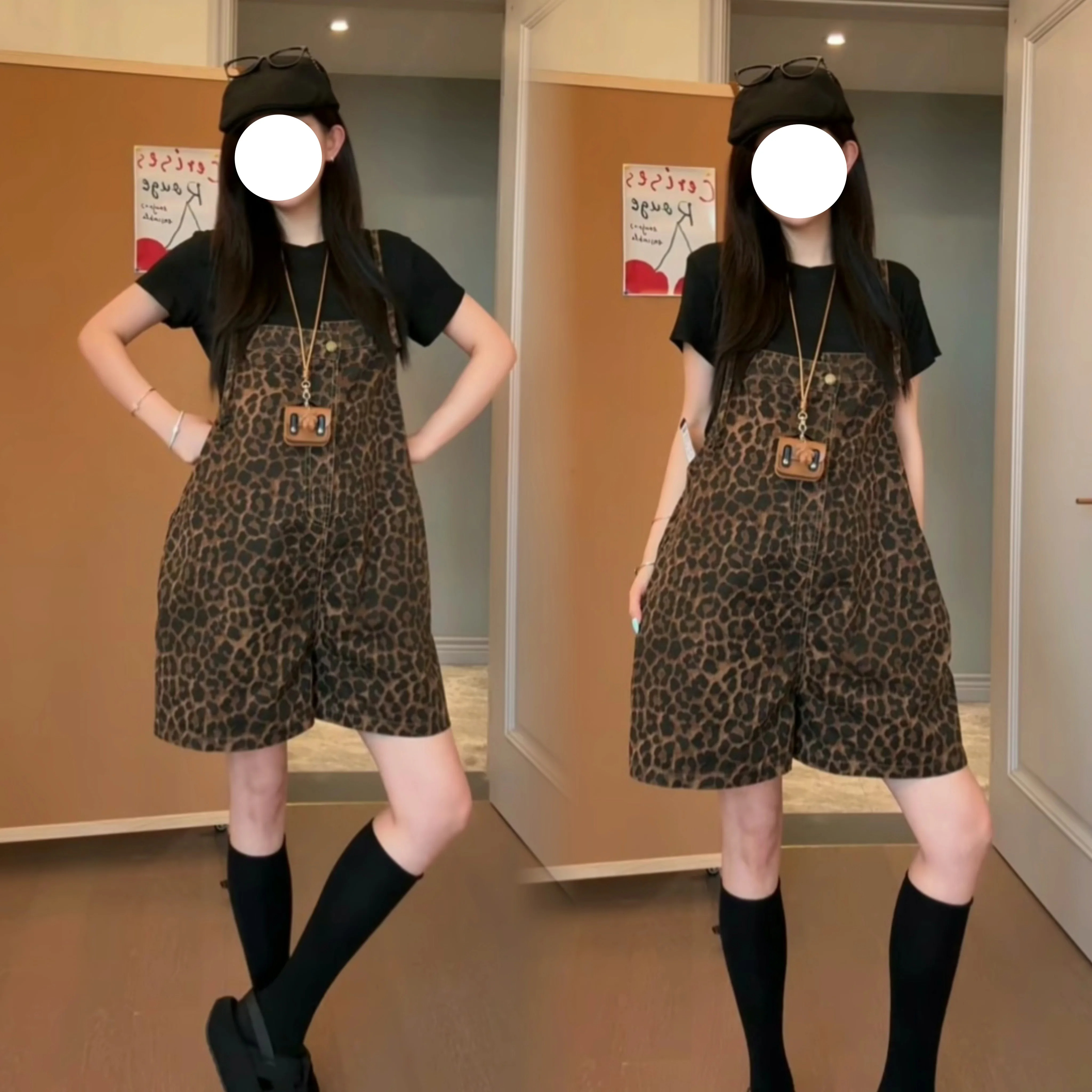夏季孕妇豹纹背带裤遮肉两件套