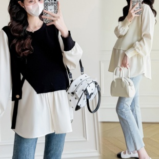 假两件拼色长袖 上衣韩版 新款 孕妇装 秋天衬衫 时尚 孕妇娃娃衫 春秋季