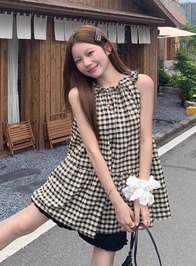 孕妇套装韩版格子圆领无袖薄款上衣短裤2026年新款休闲两件套夏季