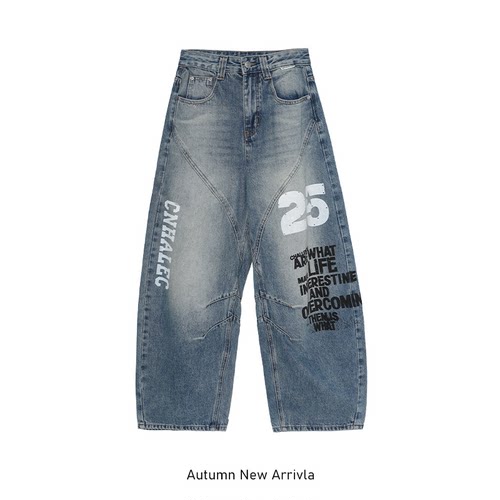【LA Brand】街头做旧秋季潮流宽松百搭显瘦弯刀牛仔裤做旧街头