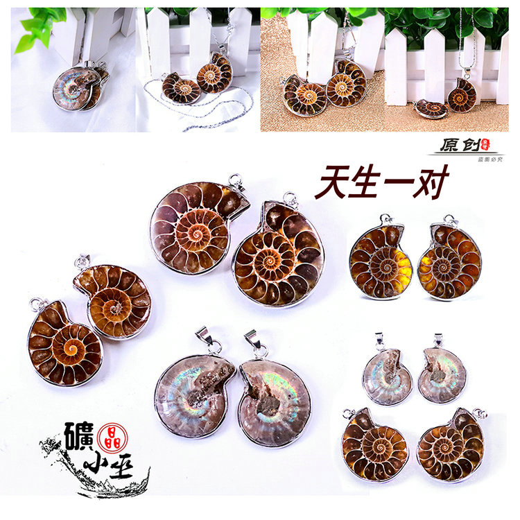 保真一对小号螺化石菊石古生物螺情侣吊坠饰品矿物diy配件送链子