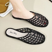 女 外穿凉拖鞋 韩系网状编织镂空包头果冻半拖鞋 女夏新平底穆勒拖鞋