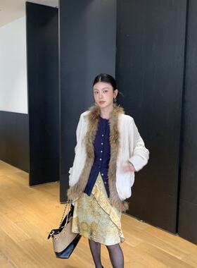 LUXIXI美式街头辣妹蝙蝠袖真貉子毛领毛衣外套2026秋冬亚比开衫潮