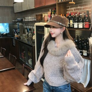 卢西西 秋季韩系羊毛针织衫拼接狐狸毛毛领女蝙蝠袖长袖毛衣百搭